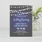 Gloeiende String Lights Diep Blauw Bruiloft uitnod Kaart (Staand voorkant)