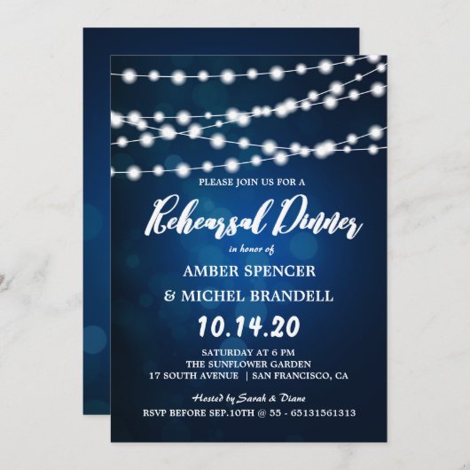 Gloeiende String Lights Diep Blauw Repetitie Diner Kaart (Voorkant / Achterkant)