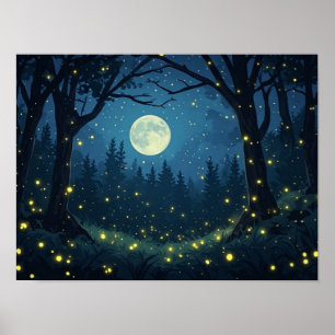 Gloeiende vuurvliegjes in het maanlicht bos poster