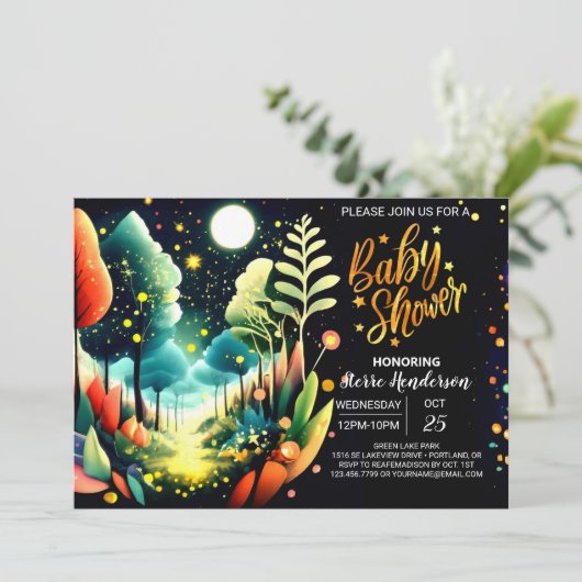 Gloeiende vuurvliegjes Wonderland Baby shower Kaart (Staand voorkant)