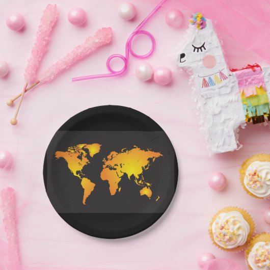 Gloeiende Wereldkaart in Sinaasappel en geel Papieren Bordje (Feest)