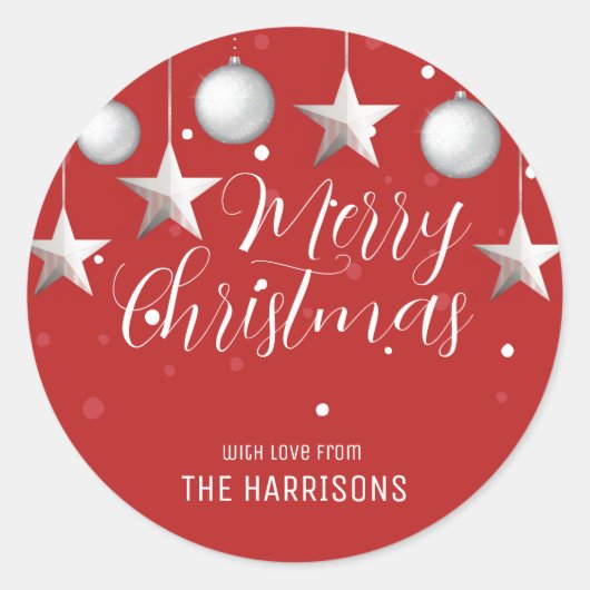 Gloeiende zilveren kerstballen rood ronde sticker (Voorkant)