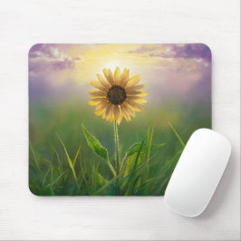 Gloeiende zonnebloem in grasveld muismat