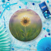 Gloeiende zonnebloem in grasveld papieren bordje (Feest)