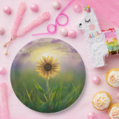 Gloeiende zonnebloem in grasveld papieren bordje (Feest)