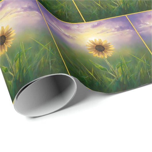 Gloeiende zonnebloem in groene weide cadeaupapier (Rol Hoek)
