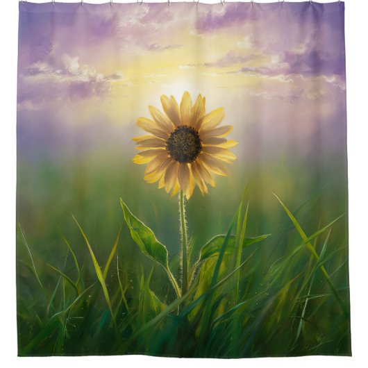 Gloeiende zonnebloem in groene weide douchegordijn (Voorkant)