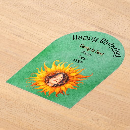 Gloeiende Zonnebloem Jong Meisje Gezicht in Centru Acryl Uitnodigingen (Laagn)