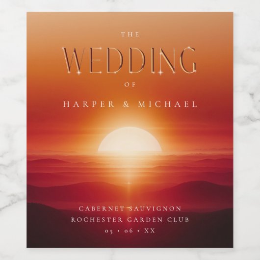 Gloeiende zonsondergang gepersonaliseerde bruiloft wijn etiket (Enkel label)