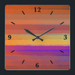 Gloeiende Zonsopgang Zoute Waterverf Pop van Kleur Vierkante Klok<br><div class="desc">Vierkante wandklok, muurkunstdecoratie en interieur decoraccessoire bedrukt met gloeiende zonsopgang zoute Waterverf Pop van kleur Art abstract kunstwerk ontwerp afbeelding door The Fabric Seal print on demand shop op Zazzle #ZazzleMade https://www.zazzle.com/store/thefabricseal Stylish American West meets Boho Chic hedendaagse artistieke stijl kunst met een prachtige zon zonsopkomst en zonsondergang met briljante...</div>