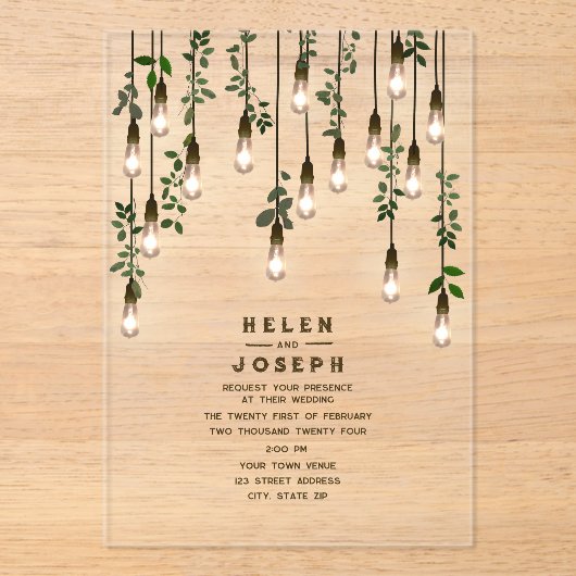 gloeilampen Botanisch groen bruiloft Acryl Uitnodigingen (Voorkant)
