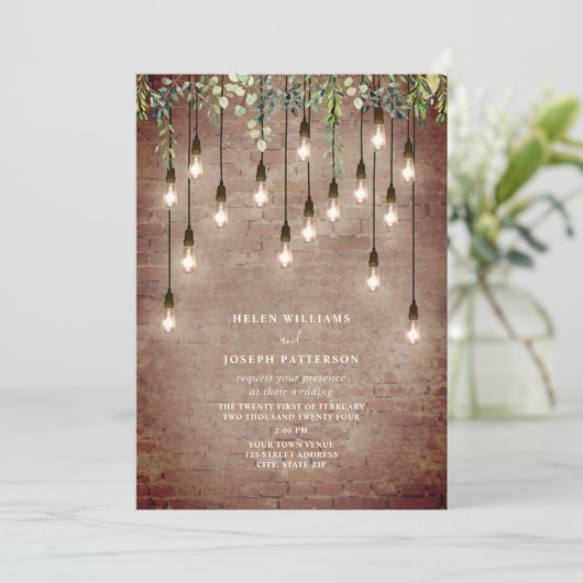  gloeilampen Greenery Brick Wedding Invitati Kaart (Staand voorkant)