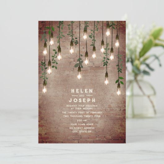  gloeilampen Rustic Brick Botanical Wedding Kaart (Staand voorkant)