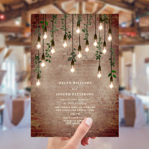 gloeilampen Rustic Brick Botanical Wedding Kaart