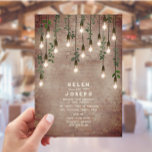 gloeilampen Rustic Brick Botanical Wedding Kaart<br><div class="desc">Edison licht op met botanische groen van boven boven boven de weergalmde achtergrond.</div>