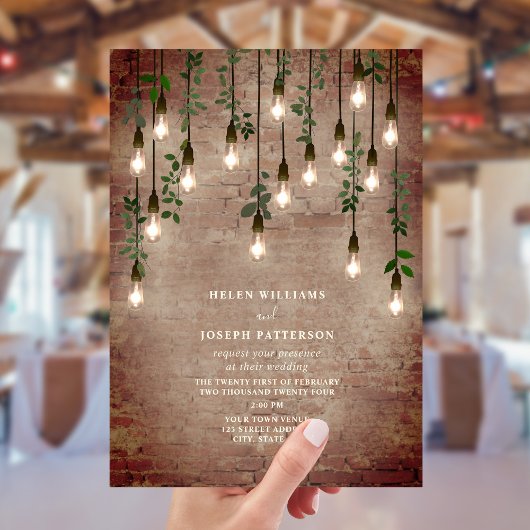  gloeilampen Rustic Brick Botanical Wedding Kaart