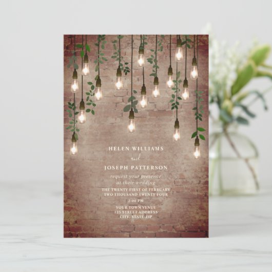  gloeilampen Rustic Brick Botanical Wedding Kaart (Staand voorkant)