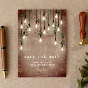 gloeilampen Rustic Brick Botanical Wedding Save The Date
