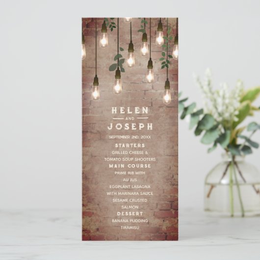gloeilampen Rustic Brick Wedding Menu (Staand voorkant)