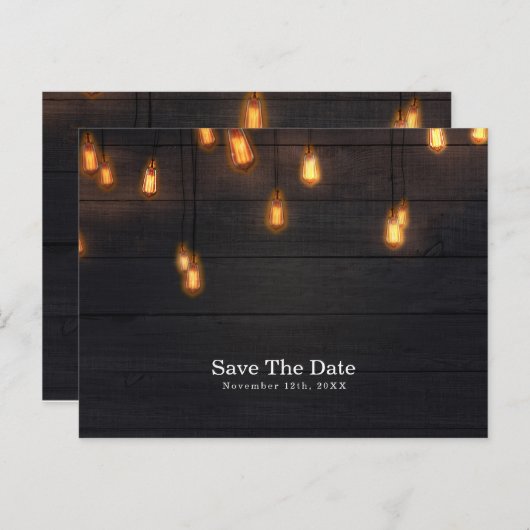 gloeilampen Rustiek Hout Save the Date Aankondigingskaart (Voorkant / Achterkant)