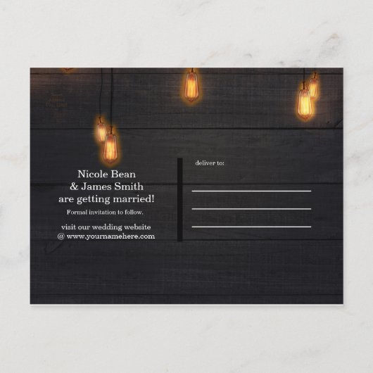 gloeilampen Rustiek Hout Save the Date Aankondigingskaart (Achterkant)