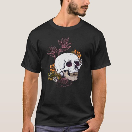 Gloomy Skull en Strelitzia bloemen T-shirt (Voorkant)