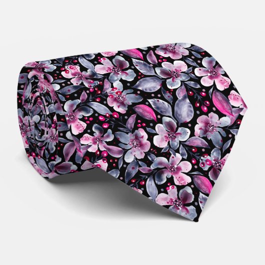 Gloria Designer-Black, Grijs & Roze Waterverf Bloe Stropdas (Opgerold)