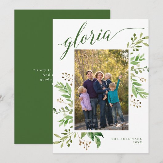 Gloria Groene Lijst Religieuze Foto Feestdagenkaart (Voorkant / Achterkant)