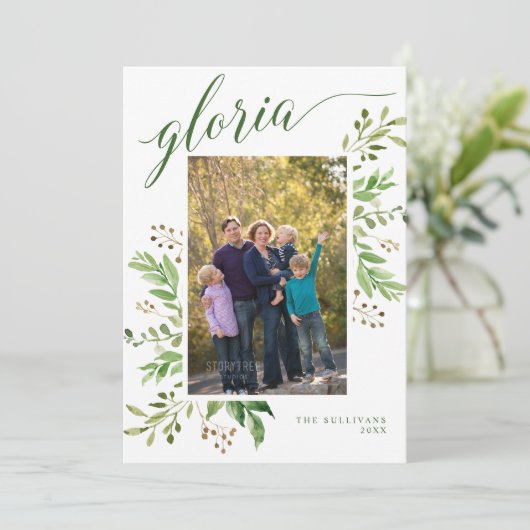 Gloria Groene Lijst Religieuze Foto Feestdagenkaart (Staand voorkant)