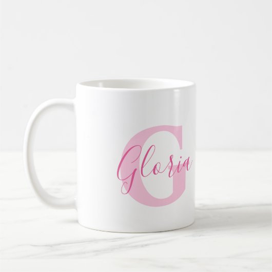 Gloria name meaning and monogram pink text koffiemok (Links)