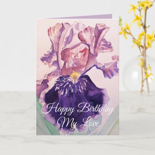 Gloride Paarse Waterverf Iris Love Birthday Card Kaart (Gele Bloem)