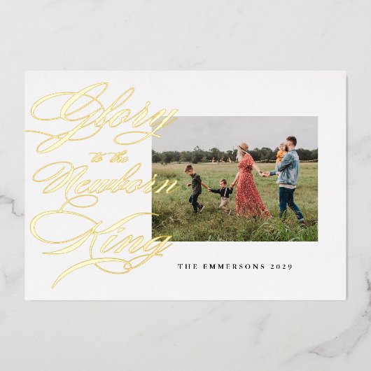 Glorie aan de pasgeboren koning, Kerst Folie Feestdagenkaart (Voorkant)