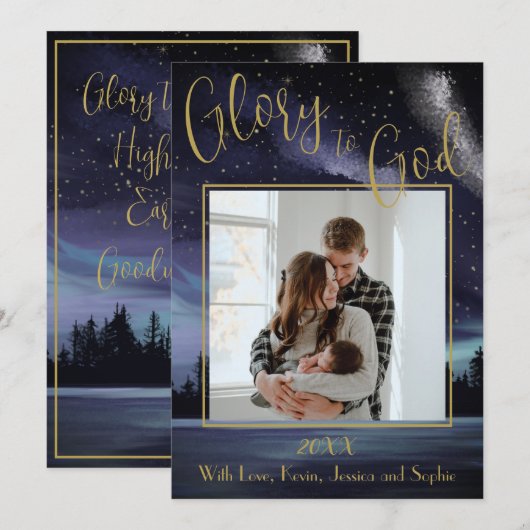 Glorie aan God Blauwe Sterrennacht Foto Kerst Feestdagenkaart (Voorkant / Achterkant)