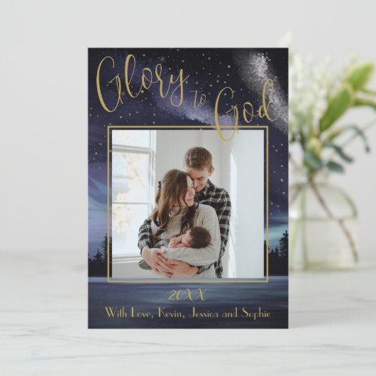 Glorie aan God Blauwe Sterrennacht Foto Kerst Feestdagenkaart (Staand voorkant)