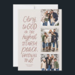 Glorie aan God drie foto roze religieuze Kerstmis Feestdagenkaart<br><div class="desc">Eer aan God in de hoogste stand! Deze religieuze kerstkaart bevat drie foto's samen met het Bijbelvers uit Lucas 2:14 in een handgeschreven stijl. Deze drie foto Christelijke kerstkaart is ideaal voor het verzenden van zinvolle vakantie groeten. Het type aan de voorkant is een zacht blozend roze op een gebroken...</div>