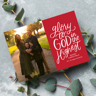 Glorie aan God Religieuze Kerstmis Fotokaart Rood Feestdagenkaart