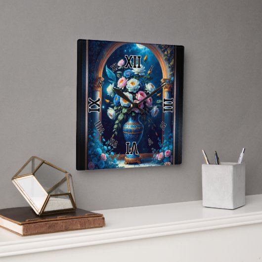 Glorieus bloemboeket onder een maanverlichte hemel vierkante klok (Kantoor)