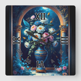 Glorieus bloemboeket onder een maanverlichte hemel vierkante klok