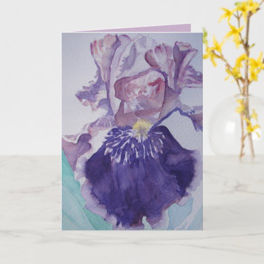 Glorieuze Paarse Waterverf Iris Groeten Kaart (Gele Bloem)