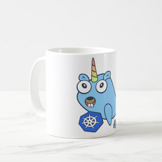 Glorigopher Docker unicorn met Kubernetes Koffiemok (Voorkant links)