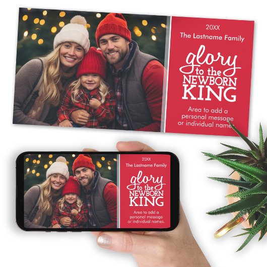 Glory naar de Newborn King - Rode witte foto Feestdagenkaart