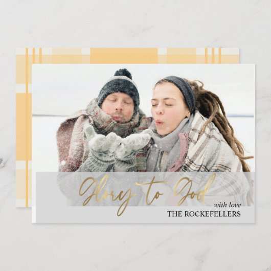 Glory to God Script Kerstmis Mustard Tartan Feestdagenkaart (Voorkant / Achterkant)