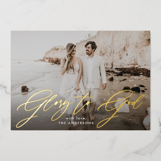 Glory to God Script Overlay Religieuze Foto Folie Feestdagenkaart (Voorkant)