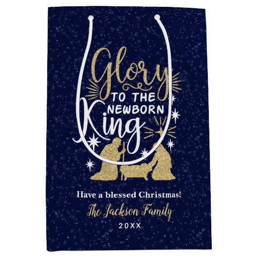 Glory to the Newborn King Glitter Kerstmis Medium Cadeauzakje (Voorkant)