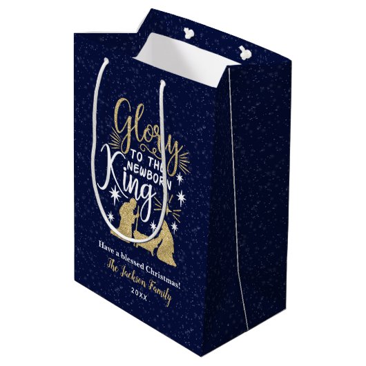 Glory to the Newborn King Glitter Kerstmis Medium Cadeauzakje (Achterkant Gekanteld)