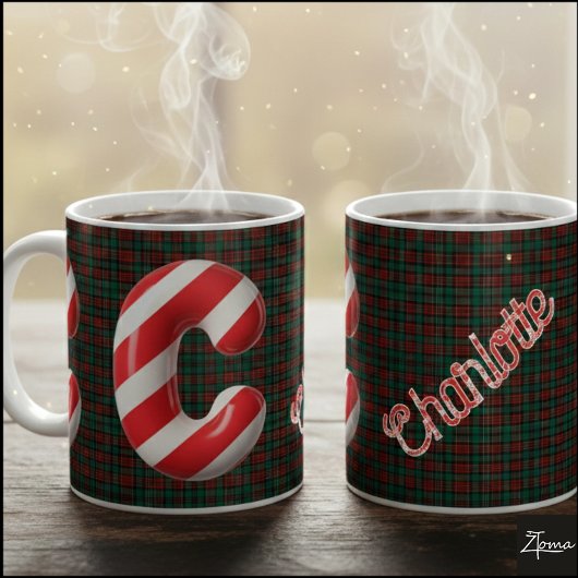 Glossy Candy Cane Striped Christmas Letter C Koffiemok