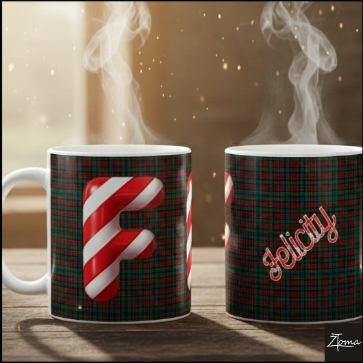 Glossy Candy Cane Striped Christmas Letter F Koffiemok