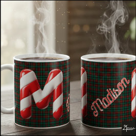 Glossy Candy Cane Striped Christmas Letter M Koffiemok