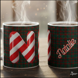 Glossy Candy Cane Striped Christmas Letter N Koffiemok