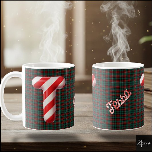 Glossy Candy Cane Striped Christmas Letter T Koffiemok
